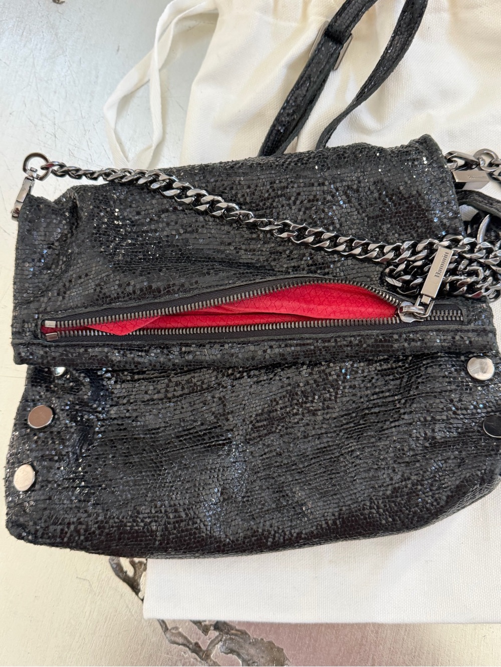 Hammitt Black Sequin Chain Crossbody Bag w/ Gunmetal Hardware Red Suede interior - Picture 6 of 8